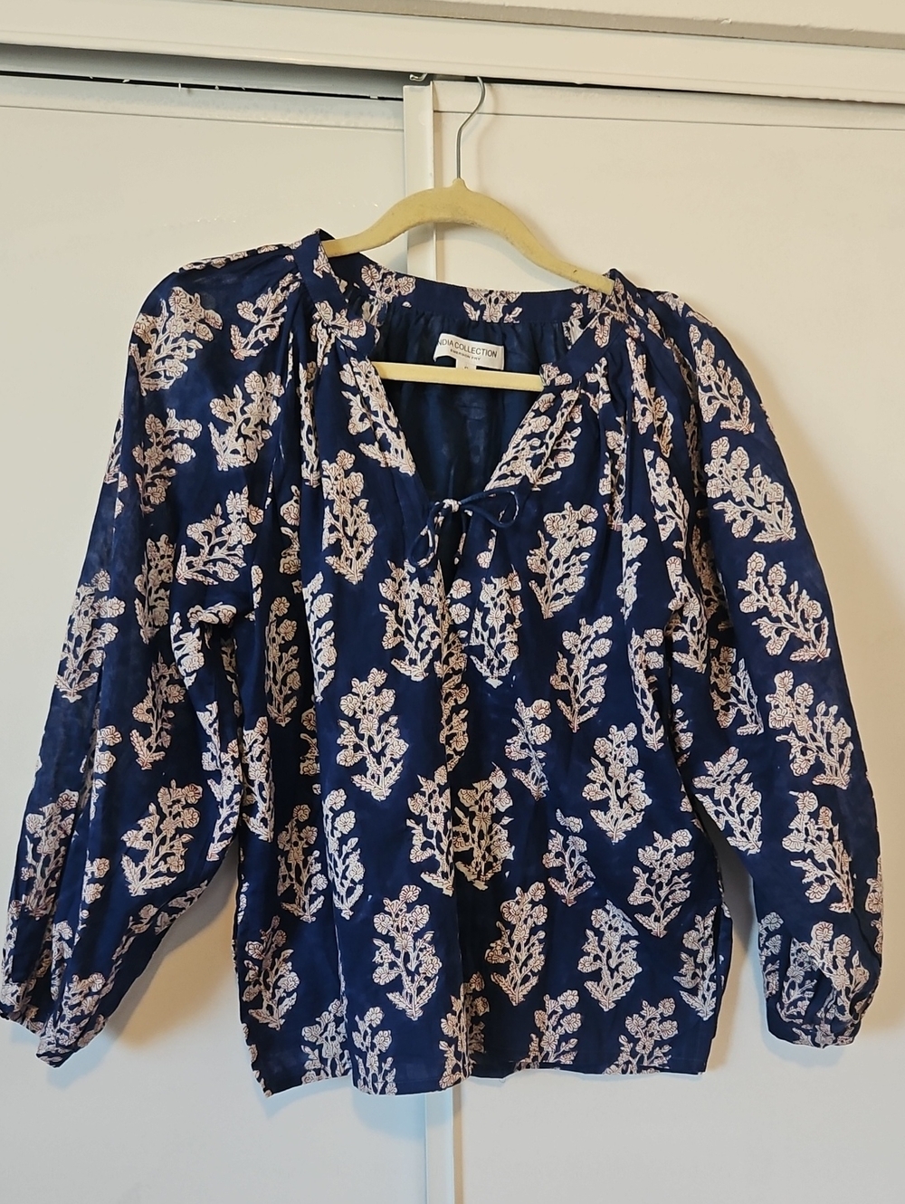 Emerson Fry Navy Floral Tie-Front Peasant Blouse